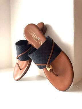 Italian Shoemakers Women's Brown Leather & Deep Navy Slide Sandals Sz-10